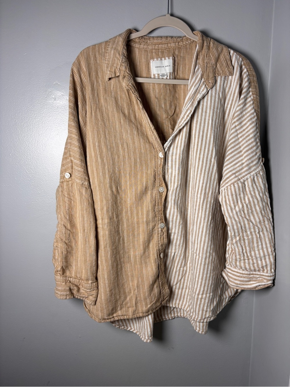 American Eagle Oversized Beach Shirt Button Up Mixed Stripe Tan White Corduroy S